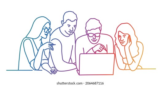 Office workers at business meeting. Group of people collaborate and discuss a strategy. Rainbow color. Sketch vector illustration.