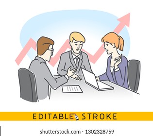 Office workers at business meeting. Hand drawn style vector doodle design illustrations. Easy changing cartoon vector with editable strokes.