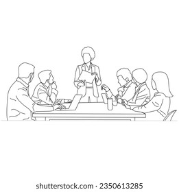 Office workers at business meeting. Business people having discussion in conference room Line art drawing isolated on white background.