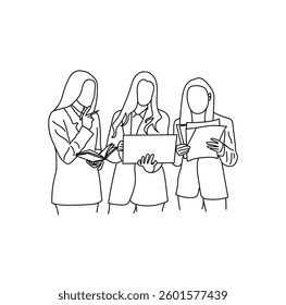Office workers are at a business meeting. Business people are discussing line art drawings isolated on white backgrounds.
