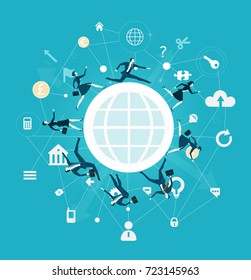 Office workers and business people running around the world. Concept illustration