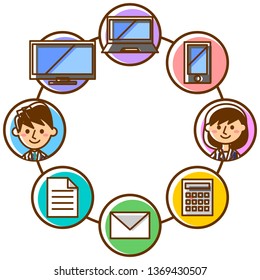 Office workers and business tools. Male and female office workers in suits. Vector illustration.
