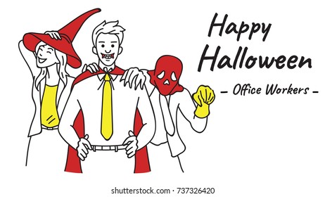 Office workers, businessman and businesswoman, wearing Halloween costume to celebrate Happy Halloween night party at office. Outline, linear, thin line art, hand drawn sketch design. 