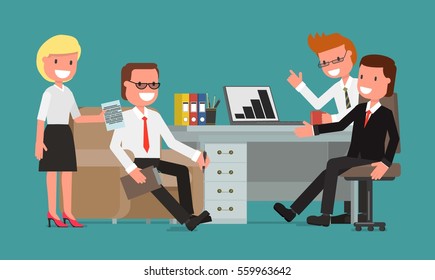 office workers, businessmen, managers work at the table. Vector illustration. flat design style