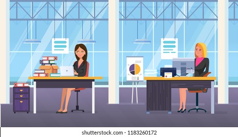 Office workers cartoon person in office room, girl colleagues, people working together, teamwork cooperation. Office interior, creative workplace, coworking center. Illustration in cartoon style.