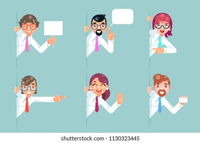 Office workers cartoon support help business consultation advice looking out corner set characters solution flat design vector illustration