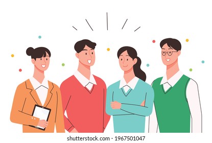 Office workers in casual clothes gather and chat. Simple business man woman vector character illustration.