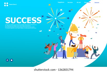  Office Workers Celebrating with Big Trophy. Business Team Success. Flat People Characters with Prize, Golden Cup.Vector illustration