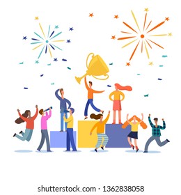  Office Workers Celebrating with Big Trophy. Business Team Success. Flat People Characters with Prize, Golden Cup.Vector illustration