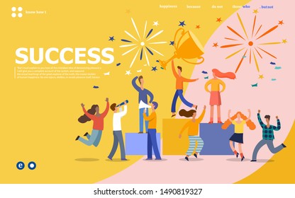 Office Workers Celebrating with Big Trophy. Business Team Success. Flat People Characters with Prize, Golden Cup.Vector illustration