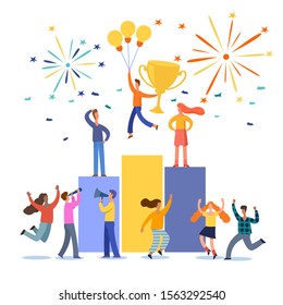 Office Workers Celebrating with Big Trophy. Business Team Success. Flat People Characters with Prize, Golden Cup.Vector illustration