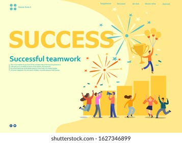 Office Workers Celebrating with Big Trophy. Business Team Success. Flat People Characters with Prize, Golden CupSet of landing page templates.Vector illustration