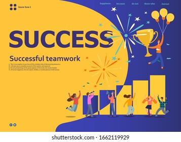 Trabajadores de oficina celebrando con el Gran Trofeo. El equipo de negocios es exitoso. Personajes planos con premio, Golden Cup.Vector ilustración