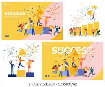 Office Workers Celebrating with Big Trophy. Business Team Success. Vector illustration. Set of landing page templates