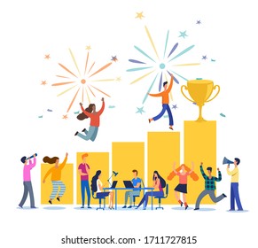 Trabajadores de oficina celebrando con el Gran Trofeo. El equipo de negocios es exitoso. las personas se dirigen a su objetivo en la columna de columnas, aumentan la motivación, el camino hacia el logro del objetivo - Ilustración vectorial,