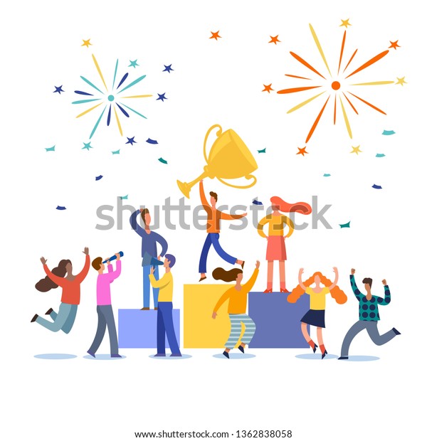 Office Workers Celebrating Big Trophy Business Stock Vector