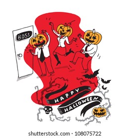Office workers celebrating Halloween. Vector drawing.