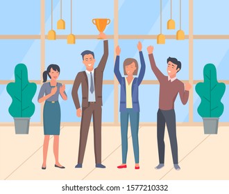 Office workers celebrating, teamwork, men and women holding gold trophy cup vector. Business achievement, profit and financial success, colleagues team