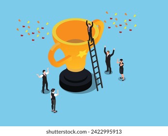 Office Workers Celebrating Victory in Competition 3d isometric vector illustration