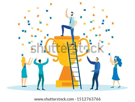 Office Workers Celebrating Victory in Competition Flat Cartoon Vector illustration. Man Getting on Cup Top, Winner Standing on Award under Confetti in Company. Guy Climbing by Ladder.
