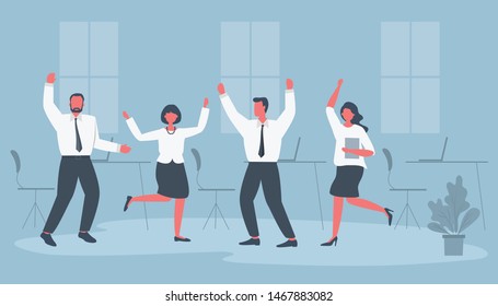 Office workers are celebrating the victory. Happy employees are dancing and jumping. Business people in the blue office room. Funky flat style. Vector illustration