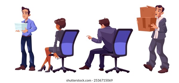 Office workers characters in different tasks. Cartoon vector set of male person holding paper stack and carrying two boxes, man and woman sitting in chair with back. Various activities in business.