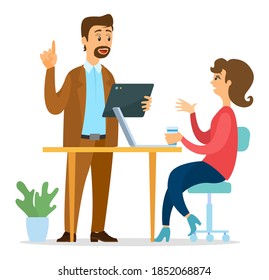 Office workers characters discussing matters. Business meeting and consideration of working issues. Business people man and woman talking communication, famale sitting at office desk with laptop