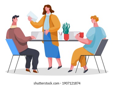 Office workers characters discussing matters. Business meeting and consideration of working issues. Consultation in the office of the chief. Business people with laptops confer isolated on white