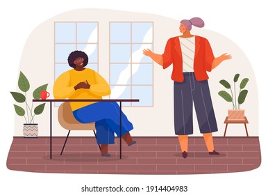 Personajes de trabajadores de oficina discutiendo asuntos. Reunión empresarial y examen de los problemas de trabajo. Empresarios hombres y mujeres gerentes hablando, comunicándose, jefe sentado en la oficina