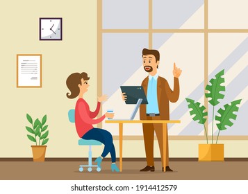 Office workers characters discussing matters. Surprised woman and a man boss talking, communicating, famale sitting at office desk with laptop. Business meeting and consideration of working moments