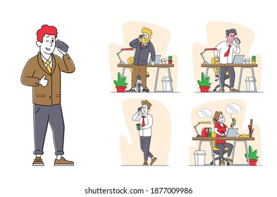 Office Workers Characters Speaking by Smartphones in Office with Desk and Pc. Mobile Phone Communication, Business People Call to Colleagues or Clients at Working Time. Linear Vector Illustration