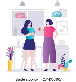 Office workers chatting during break. Colleagues meeting during lunch. Workplace interior design. Female characters drinking and resting from work. Coffee break at office. Flat vector illustration