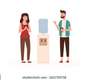 Office Workers Chatting Near Water Cooler Flat Vector Illustration. Colleagues Conversation. Work Break, Communication. Employees Talking And Drinking Water Cartoon Characters Isolated On White.