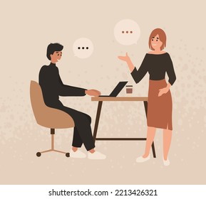 Office workers chatting at workplace. Smiling men talking at office desk. Formal communication between colleagues. Coworking, freelance, teamwork, communication, interaction, idea