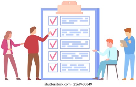 Office workers check checklist mark completion of tasks and plans at meeting. People with clipboard. To do list concept. Sociological or business survey, questionnaire, self-control and discipline