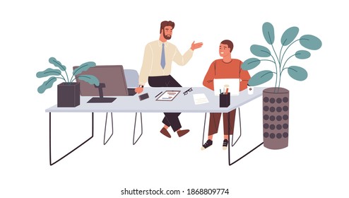 Office workers or clerks chatting during break time at workplace. Smiling men talking at office desk. Informal communication between colleagues. Flat vector illustration isolated on white background