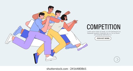 Office workers or clerks race or sprint. Business competition or rivalry between employees or colleagues. Vector illustration in flat cartoon style. Man and woman run with laptops to their goals.