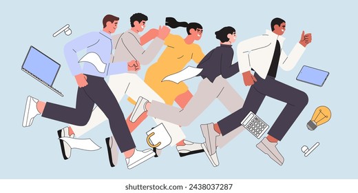 Office workers or clerks race or sprint. Business competition or rivalry between employees or colleagues. Vector illustration in flat cartoon style. Man and woman run with laptops to their goals.