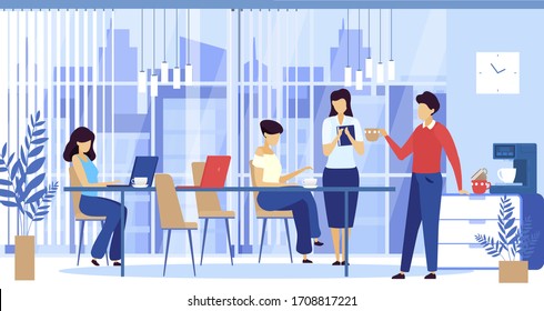 Office workers with coffee break, business people at desks with computers and cups of coffee, coffee-machine flat vector illustration. Office managers communication and lunch at work.