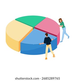 Funcionários de escritório colaborando em torno de um grande gráfico de pizza, representando o trabalho em equipe, a análise de dados e o planejamento financeiro estratégico em um ambiente de negócios dinâmico