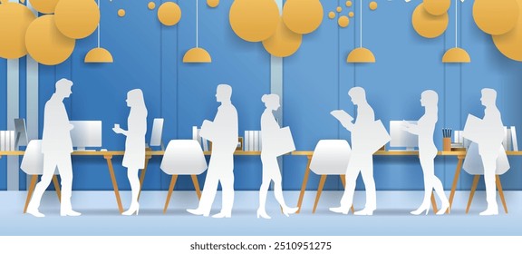 Büroangestellte arbeiten in modernen Arbeitsbereich Papier schneiden Stil Silhouetten blauen Hintergrund Schreibtische Computer gelbe Dekor