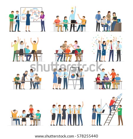 Office workers collaboration collection on white. Co working people discussing ideas. Vector illustration of business meeting, teamwork, collaboration and discussion, conference table, brainstorm.