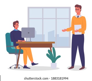 Office workers. Colleagues communicating. Executive guy talking with man sitting at table using computer. Business people discuss a new project or startup working together. Window with city buildings