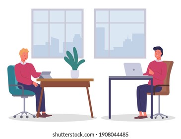 Office workers. Colleagues communicating. Executive guy talking with man sitting at table using digital tablet and laptop. Businesspeople in office, workplace. Interior with windows, flat style