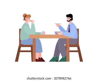 Office workers or colleagues communicating and snacking during break, flat cartoon vector illustration isolated on white background. Lunch break at office scene.