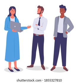 Office workers. Colleagues communicating. Woman with laptop talking, discussing new project, plan, startup with colleagues, partners. Mix race people planning strategy, teamwork, brainstorming time