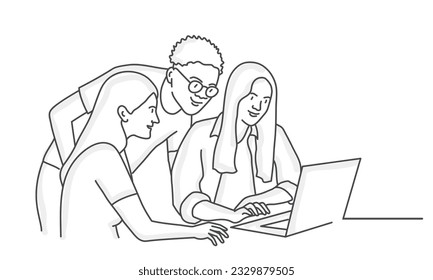 Office workers colleagues communication. Employees working under business project together, sitting at table. Hand drawn vector illustration.