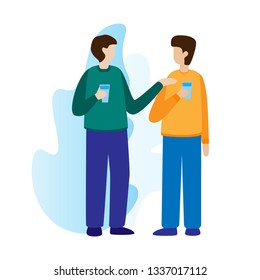 Office workers or colleagues standing drinking and chatting. Flat vector illustration isolated on wite background