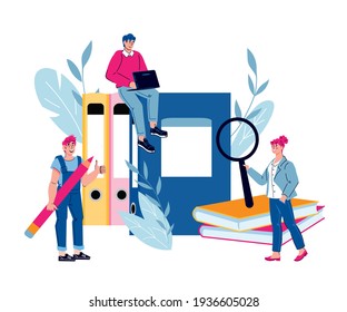 Office workers, colleagues working with business documents. Management and business workflow, flat vector illustration isolated on white background.