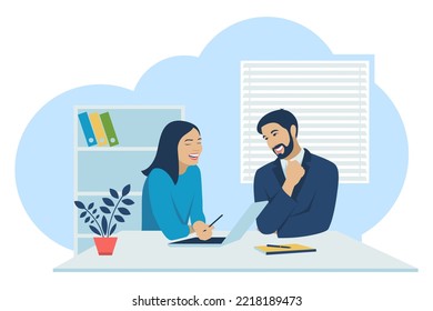 Office workers communicate, joke and laugh. Conversation of office workers. Flat design. Vector illustration